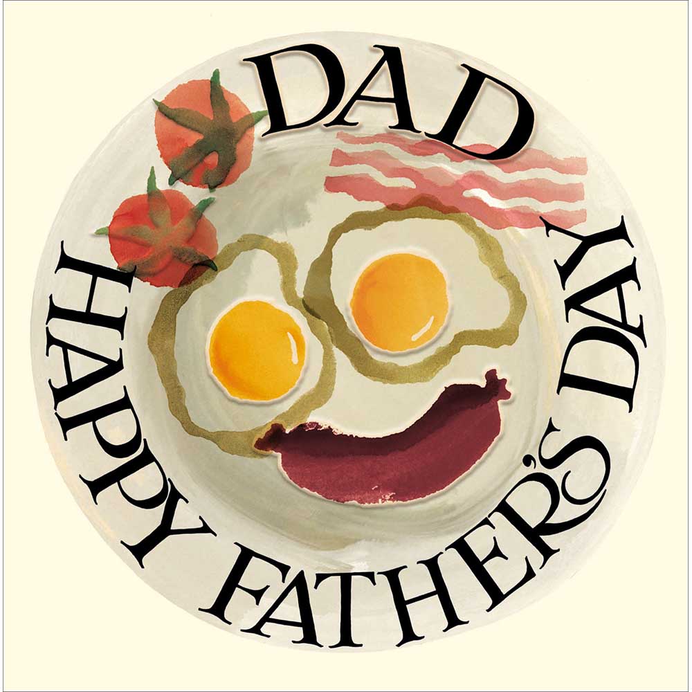 A Father's Day greetings card by designer Emma Bridgewater featuring a plate with a fry up on it arranged as a face and with the words 'Dad Happy Father's Day' around the edge of the plate.