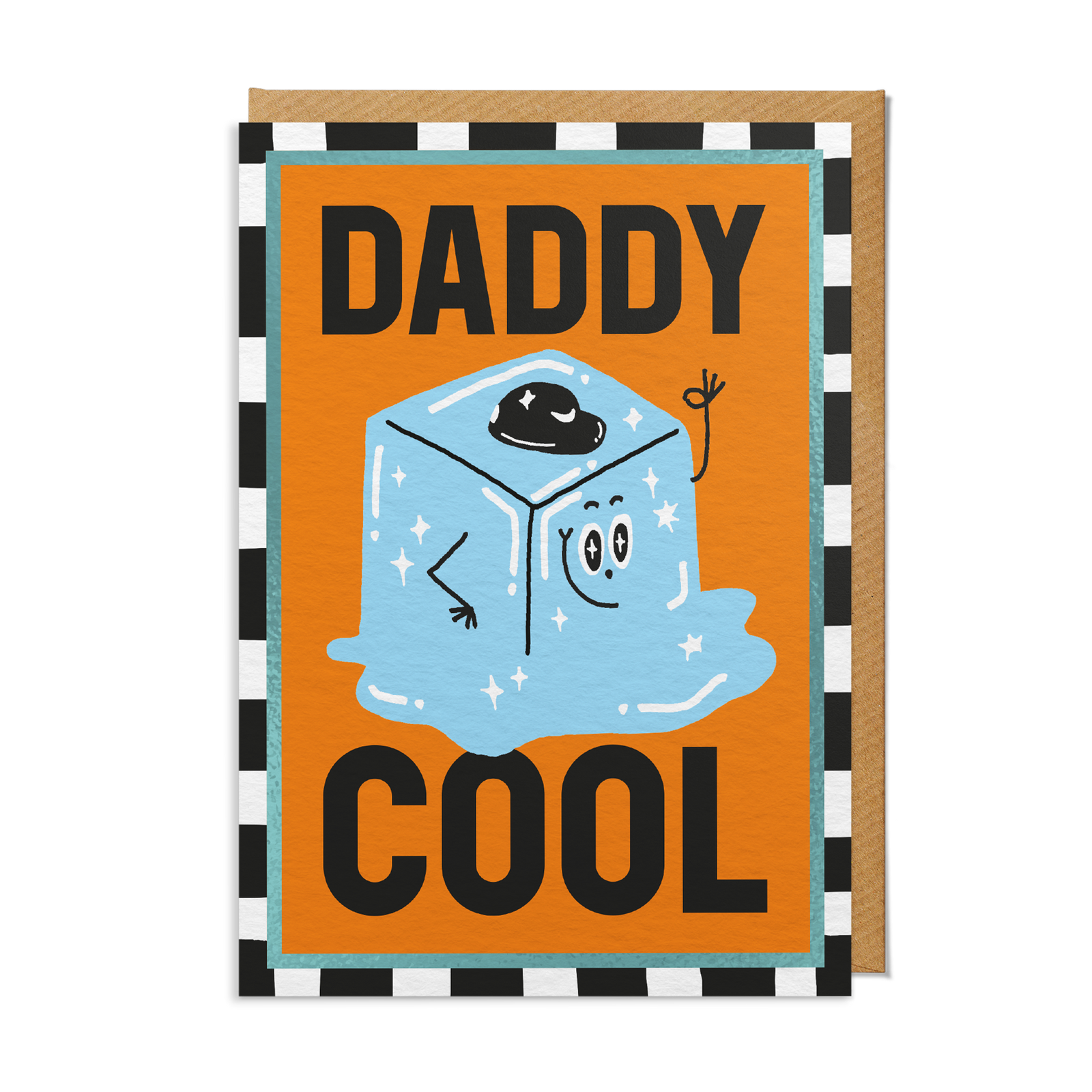 A jolly and colourful card for father's day featuring a melting ice cube with a smiling fave and baseball cap and the words DADDY COOL.