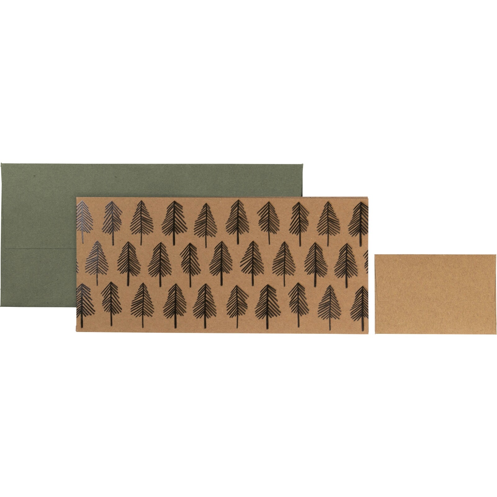 An image of a kraft brown colour voucher wallet with a repeated pattern of black trees outlined. It comes with a dark green envelope plus a smaller kraft brown notecard.