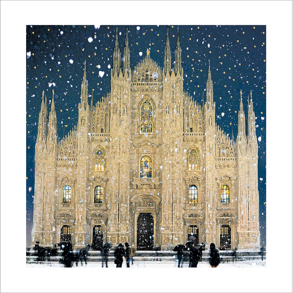 A christmas card featuring Milan Cathedral in the snow.