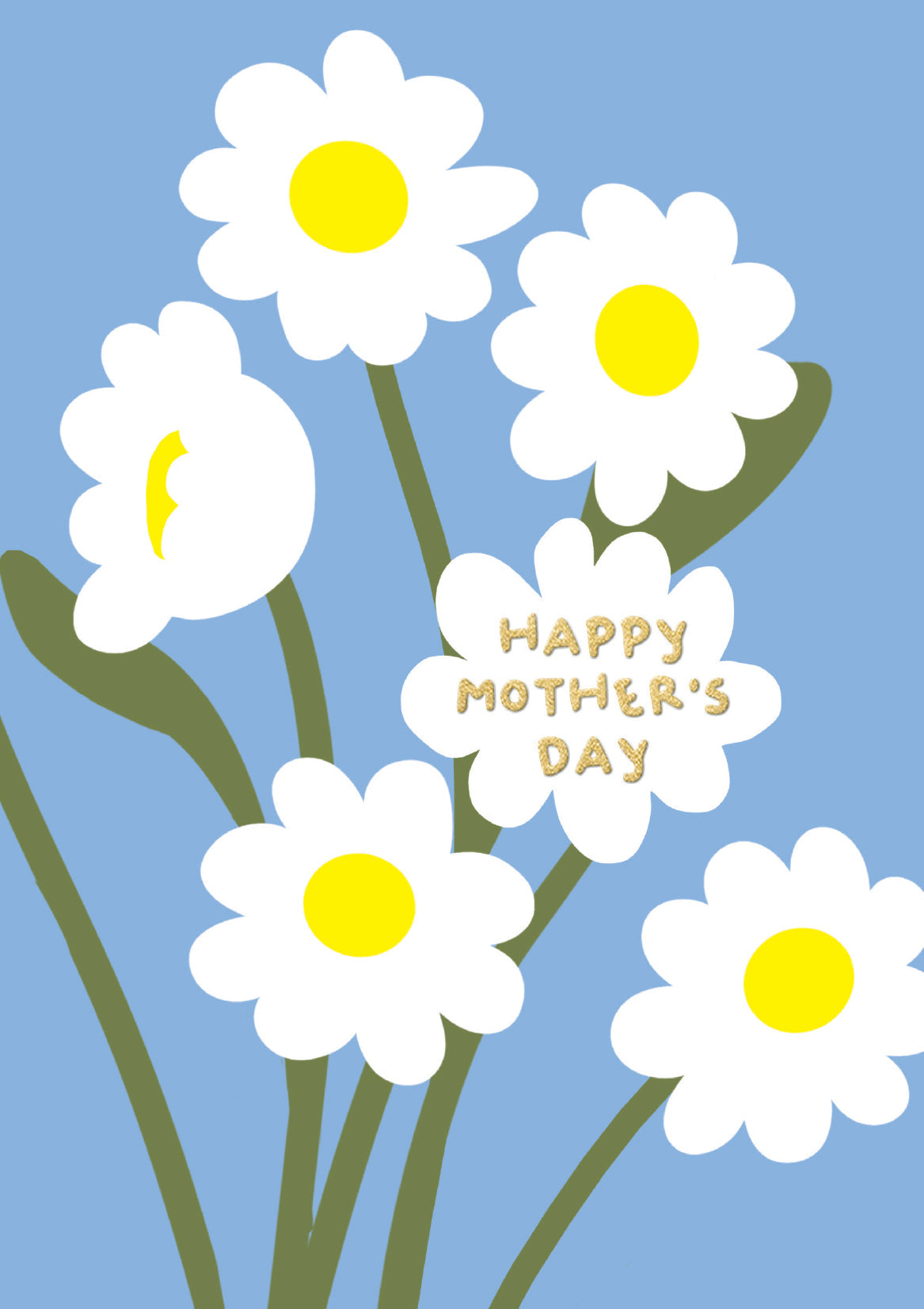 a light blue card with a graphic drawing of daisies. one floral head says 'happy mother's day' in gold foil writing.
