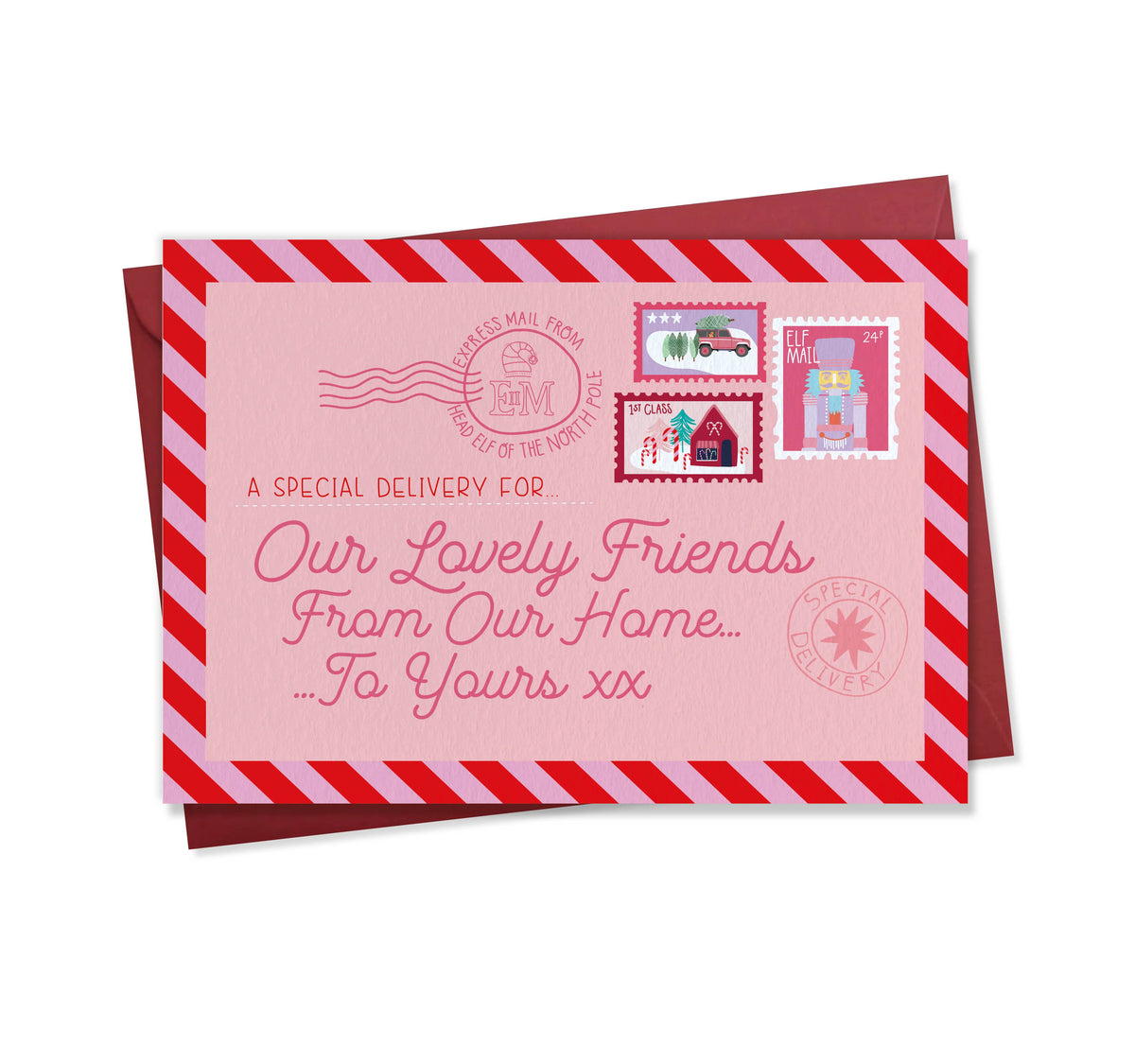 A pink airmail-themed christmas greeting card with red-and-pink striped borders, with text reading 'Our Lovely Friends From Our Home to yours'.