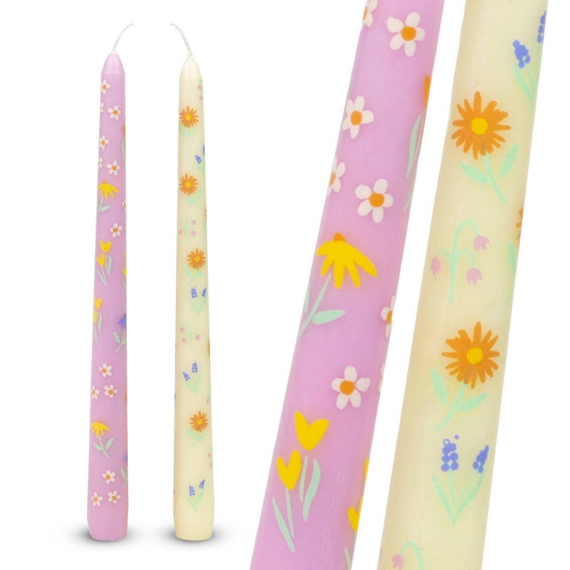 Floral Yellow & Pink Dinner Candles 2 Pk by penny black showing close up of pattern