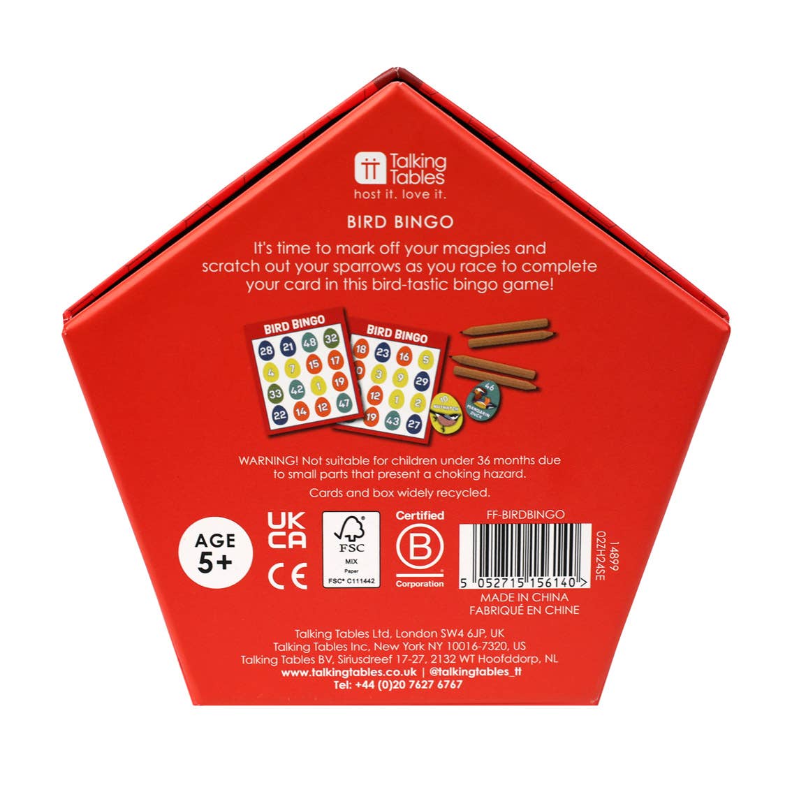 Bird Bingo Family Game - showing back of packaging with image of inside contents and barcode