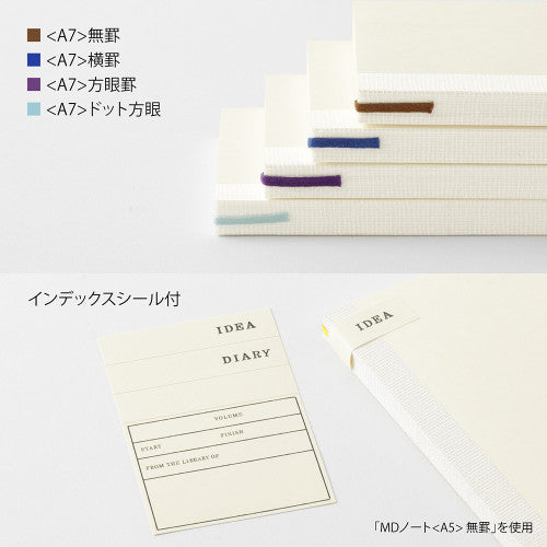 Midori MD Notebook - A7 by penny black - showing notebook bookmarker and stickers