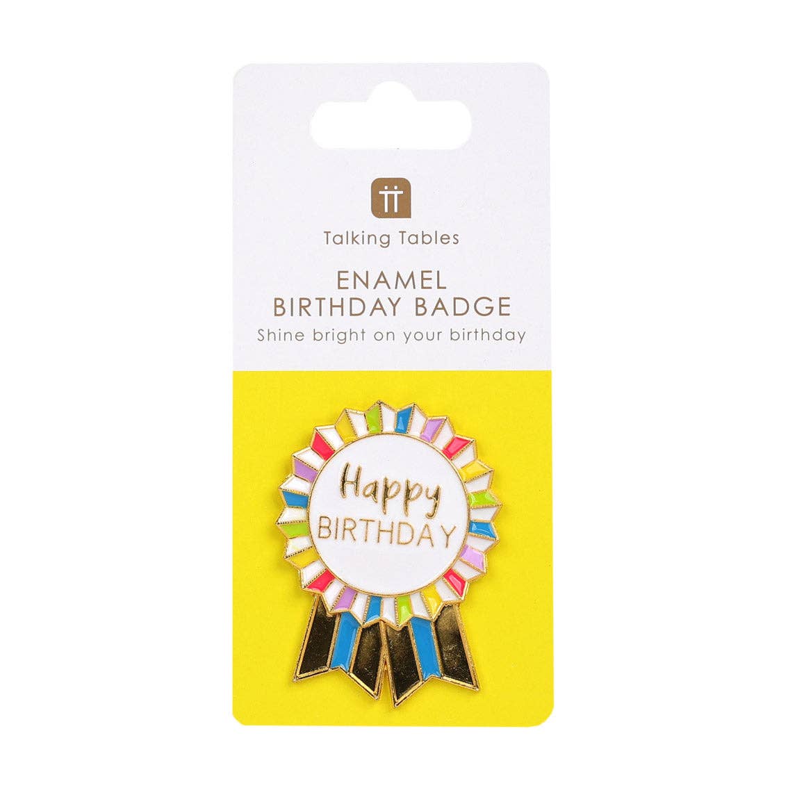 Rainbow Bright Happy Birthday Enamel Badge in packaging by penny black