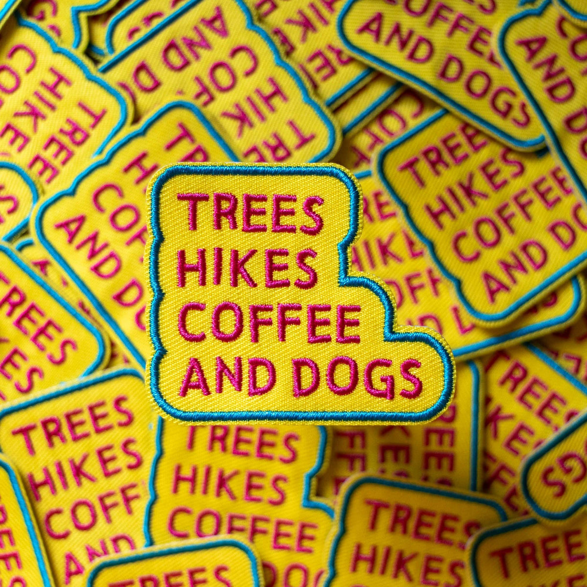 Trees Hikes Coffee and Dogs Iron-On Patch by Finest Imaginery at penny black
