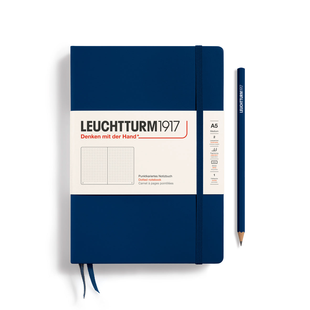 LEUCHTTURM1917 Notebook A5 Medium Hardcover in a navy colour and dotted ruling at penny black