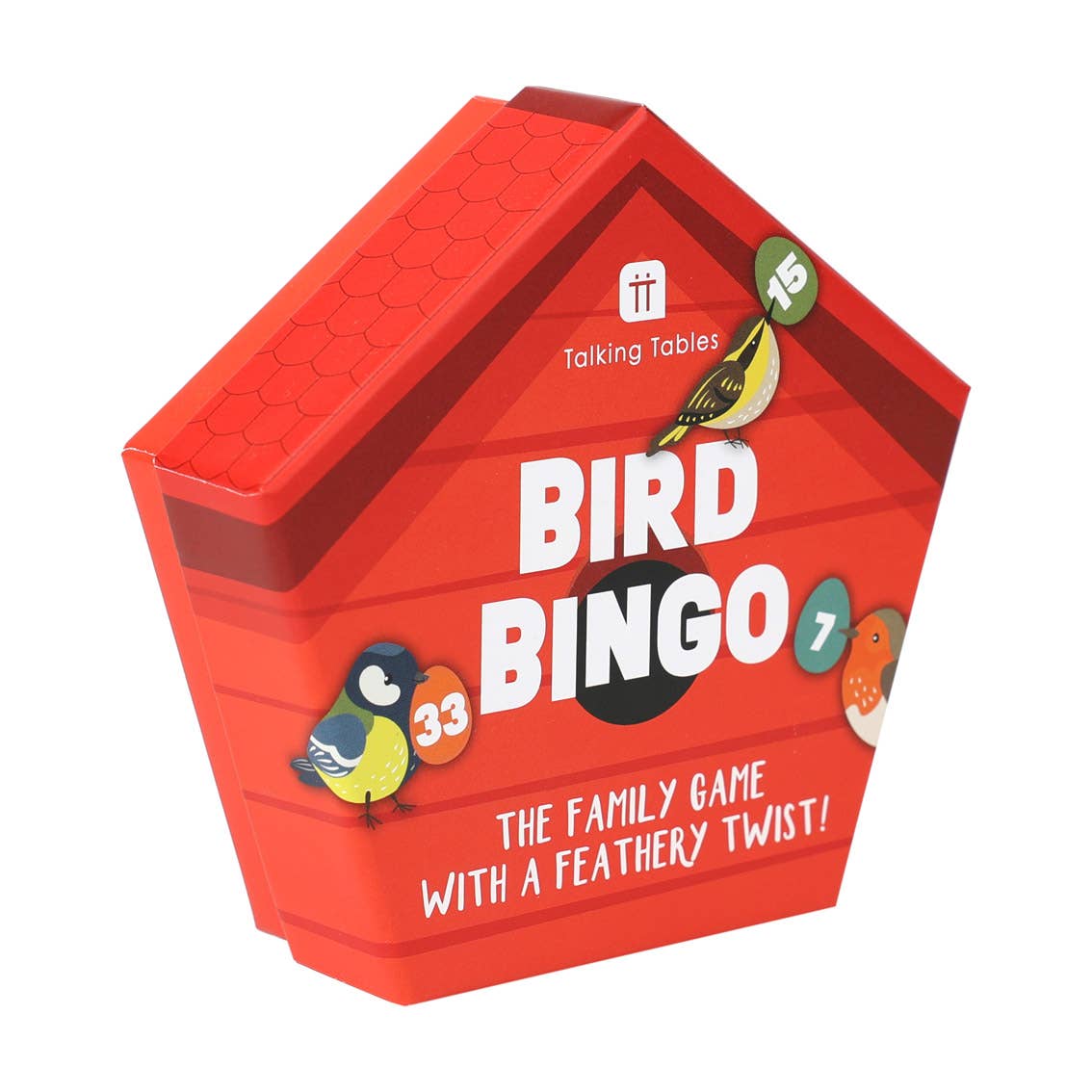 Bird Bingo Family Game in birdbox shaped box showing title and birds holding bingo numbers