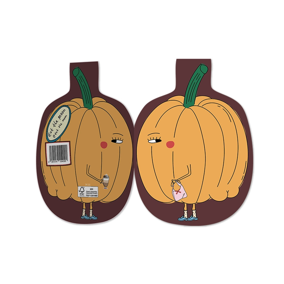 An open halloween greeting card shown opened and flat on a plain white background. Each has a cartoon pumpkin face with a side eye, green stems, and small legs.