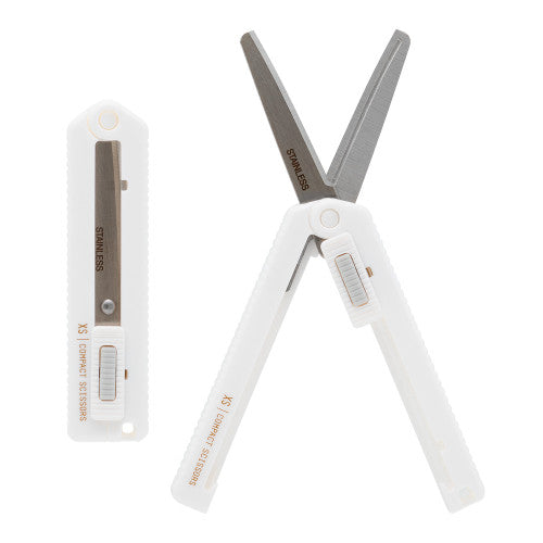Midori XS Compact Retractable Scissors - White by penny black shown open and retracted