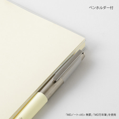 Midori MD Notebook Cover A5 Clear A by penny black showing pen in pen holder