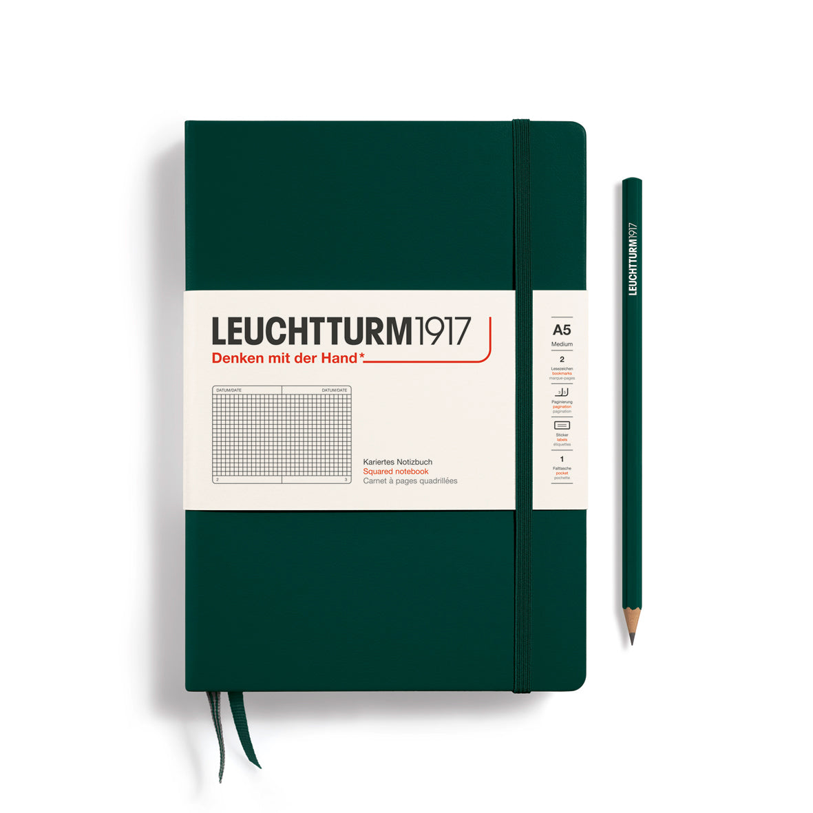 Leuchtturm1917 Notebook A5 Medium Hardcover in forest green colour with squared ruling - Penny Black