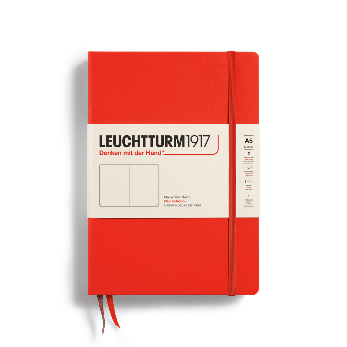 Leuchtturm1917 Notebook A5 Medium Hardcover in lobster red colour with blank ruling - Penny Black