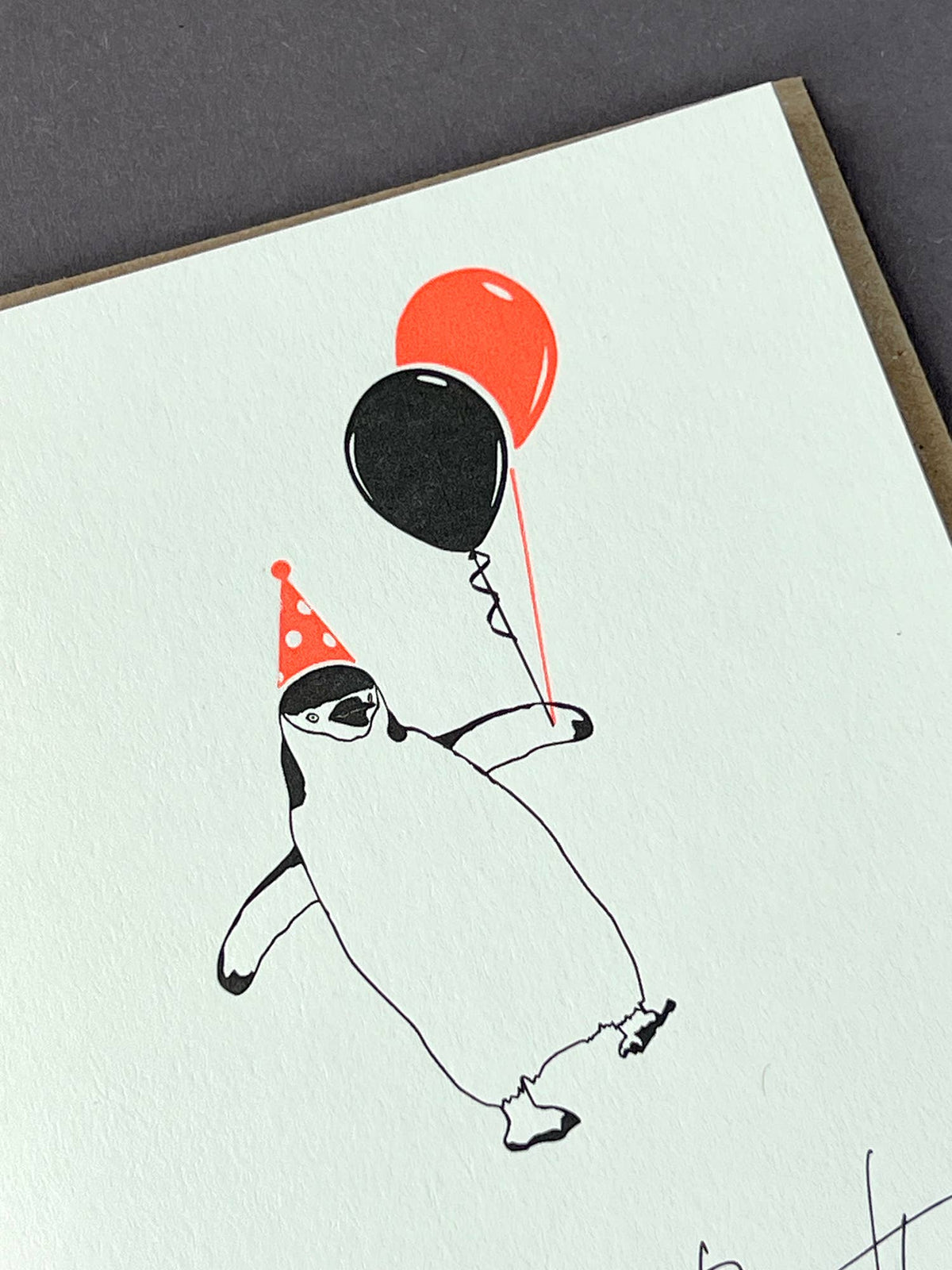 Party Penguin Letterpress Birthday Card  close up by penguin ink at penny black