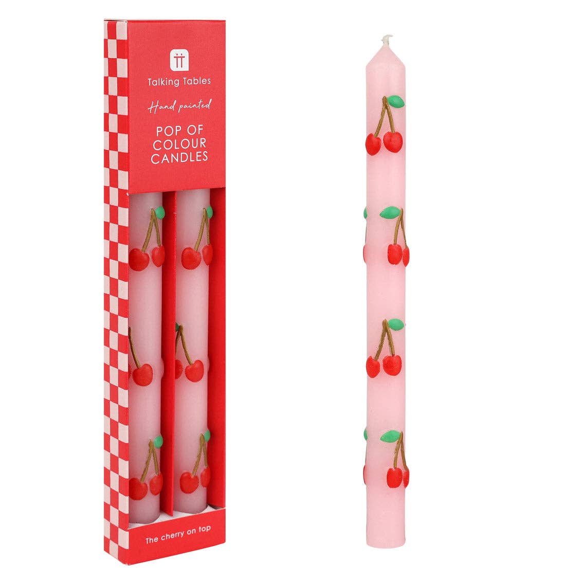 Cherry Dinner Candles Set 2 Pack shown in and out of packaging by penny black