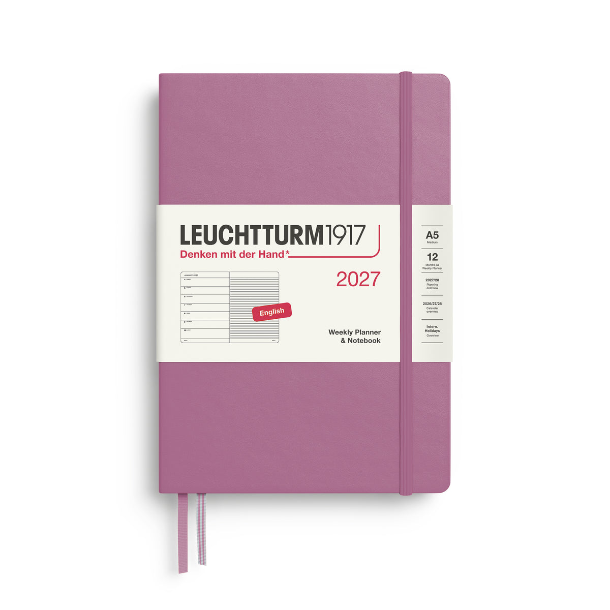 LEUCHTTURM1917 2027 Weekly Planner & Notebook - A5 Hard Cover lined ruling in dusty pink by penny black