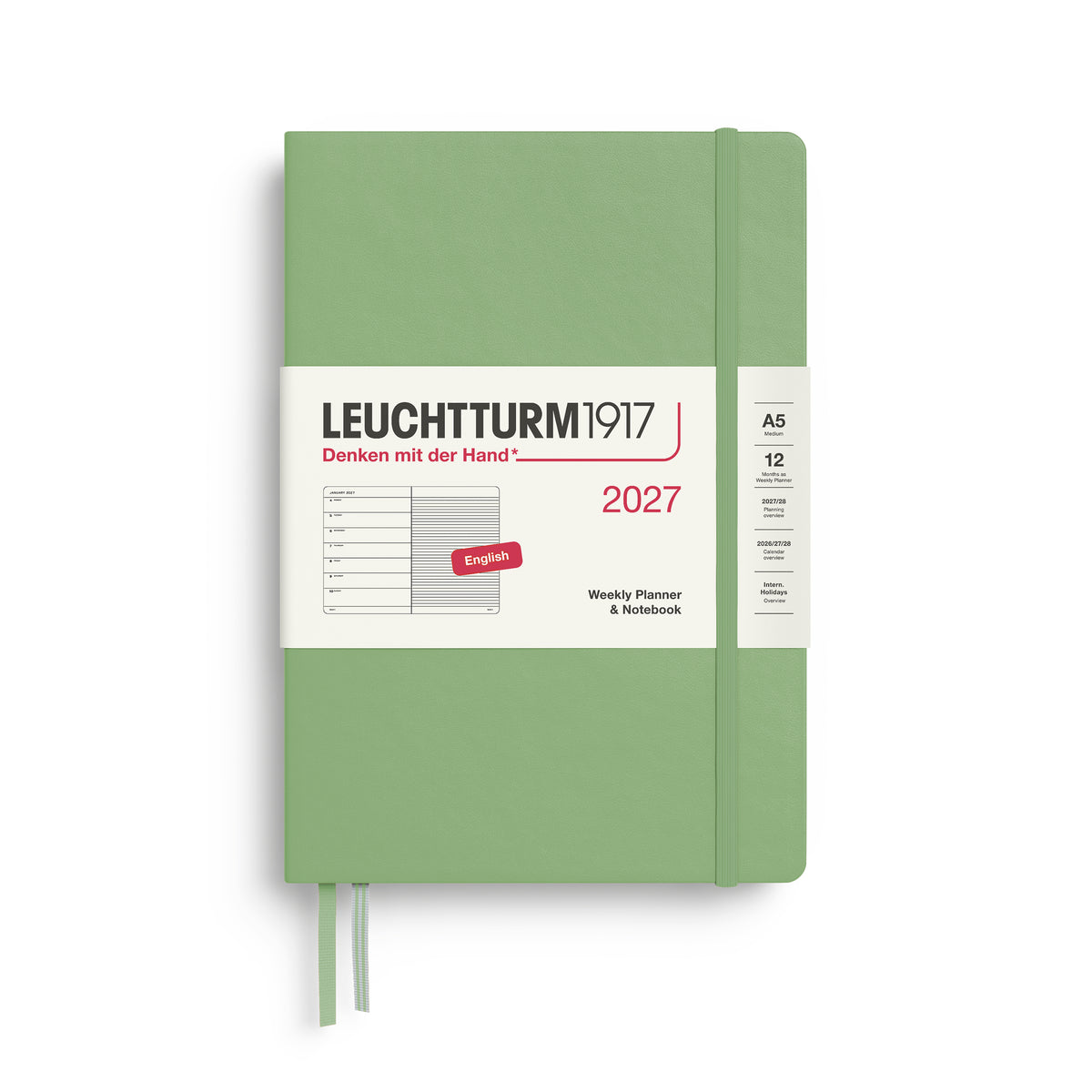 LEUCHTTURM1917 2027 Weekly Planner & Notebook - A5 Hard Cover lined ruling in sage by penny black