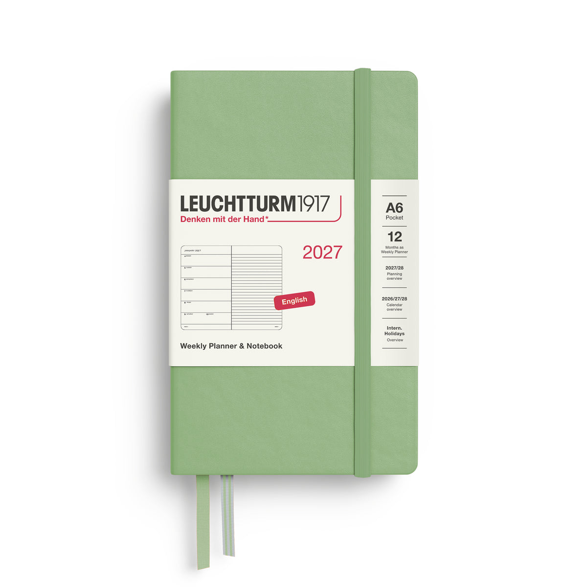 LEUCHTTURM1917 2027 Weekly Planner & Notebook - A6 pocket Hard Cover in sage by penny black