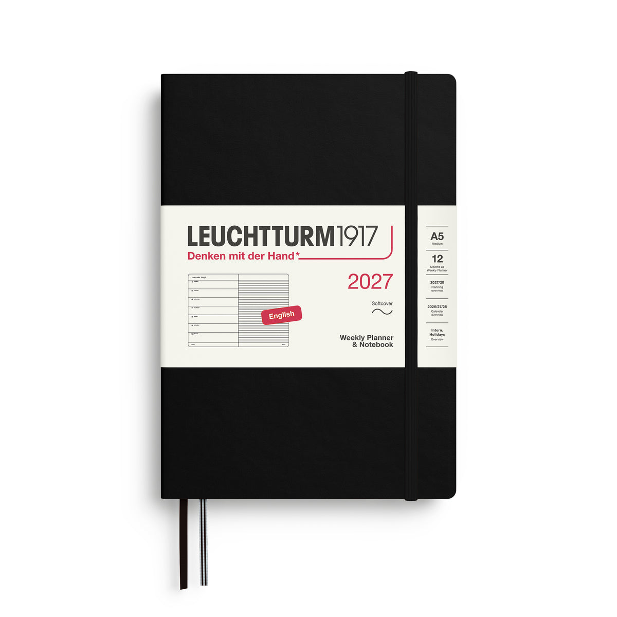 LEUCHTTURM1917 2027 Weekly Planner & Notebook - A5 Soft Cover - ruled in black at penny black