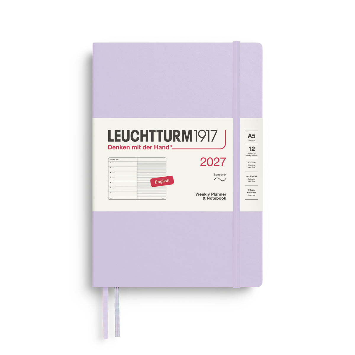 LEUCHTTURM1917 2027 Weekly Planner & Notebook - A5 Soft Cover - ruled in lilac at penny black