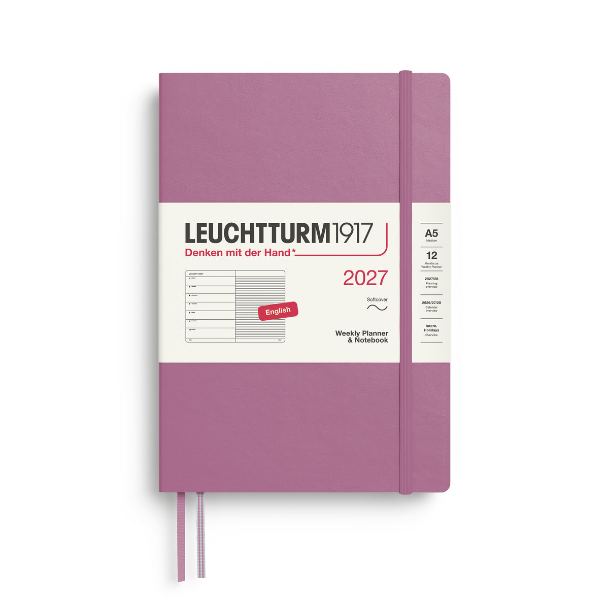 LEUCHTTURM1917 2027 Weekly Planner & Notebook - A5 Soft Cover - ruled in duaty rose at penny black