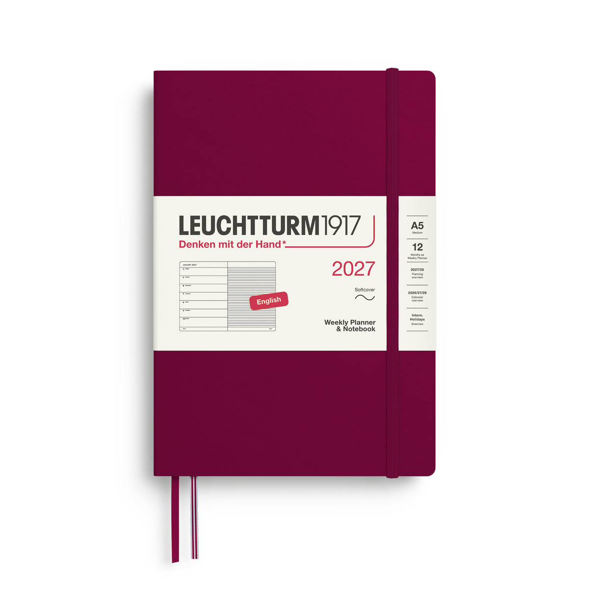 LEUCHTTURM1917 2027 Weekly Planner & Notebook - A5 Soft Cover - ruled in port red at penny black