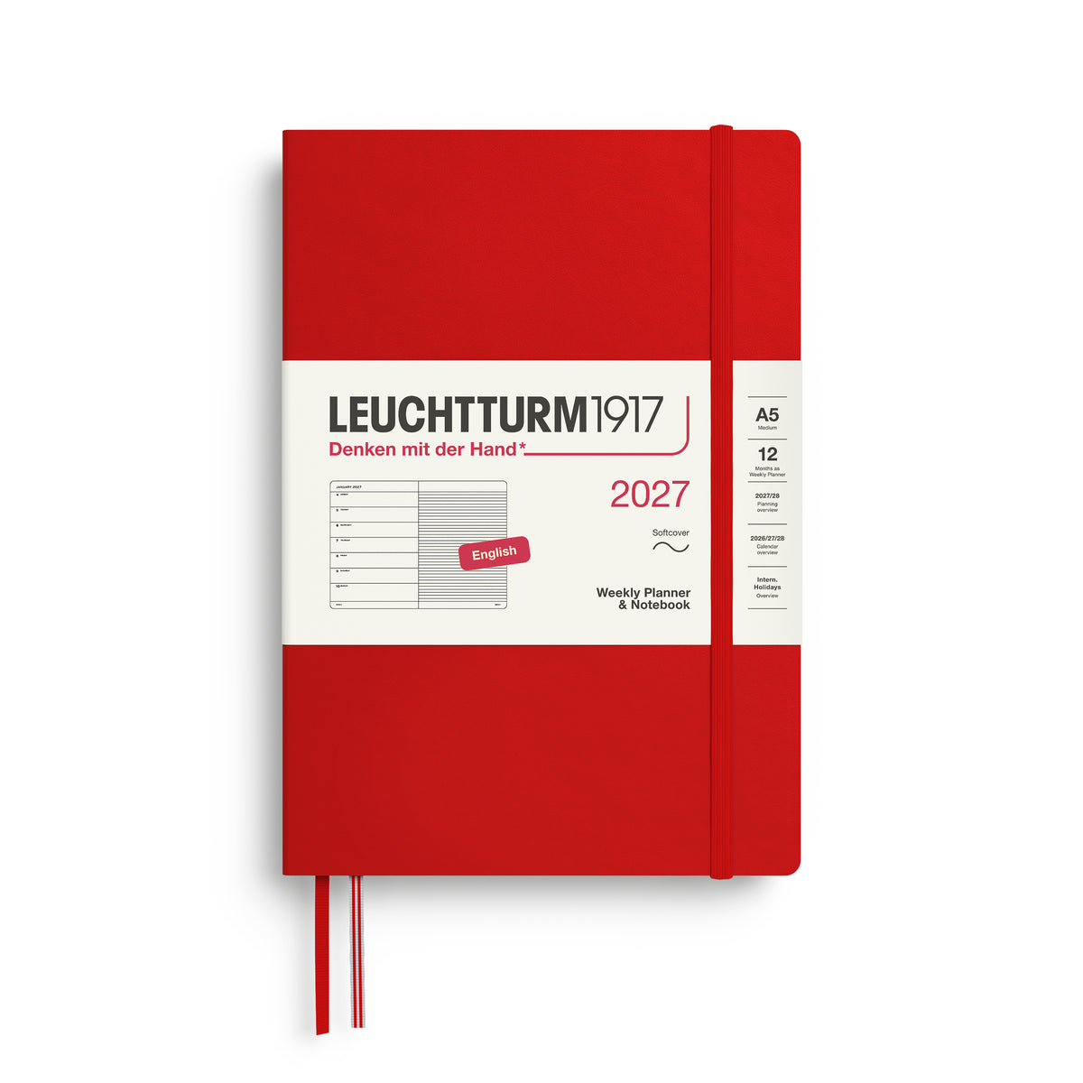 LEUCHTTURM1917 2027 Weekly Planner & Notebook - A5 Soft Cover - ruled in cherry at penny black