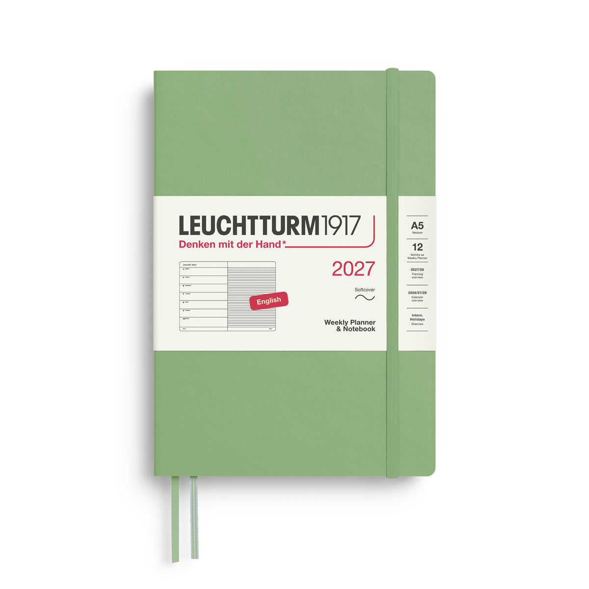 LEUCHTTURM1917 2027 Weekly Planner & Notebook - A5 Soft Cover - ruled in sage at penny black