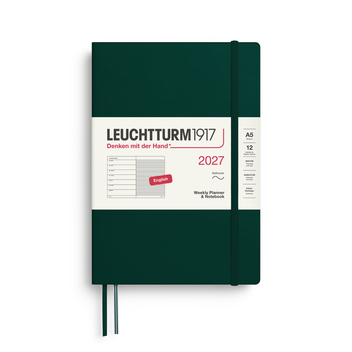 LEUCHTTURM1917 2027 Weekly Planner & Notebook - A5 Soft Cover - ruled in forest green at penny black