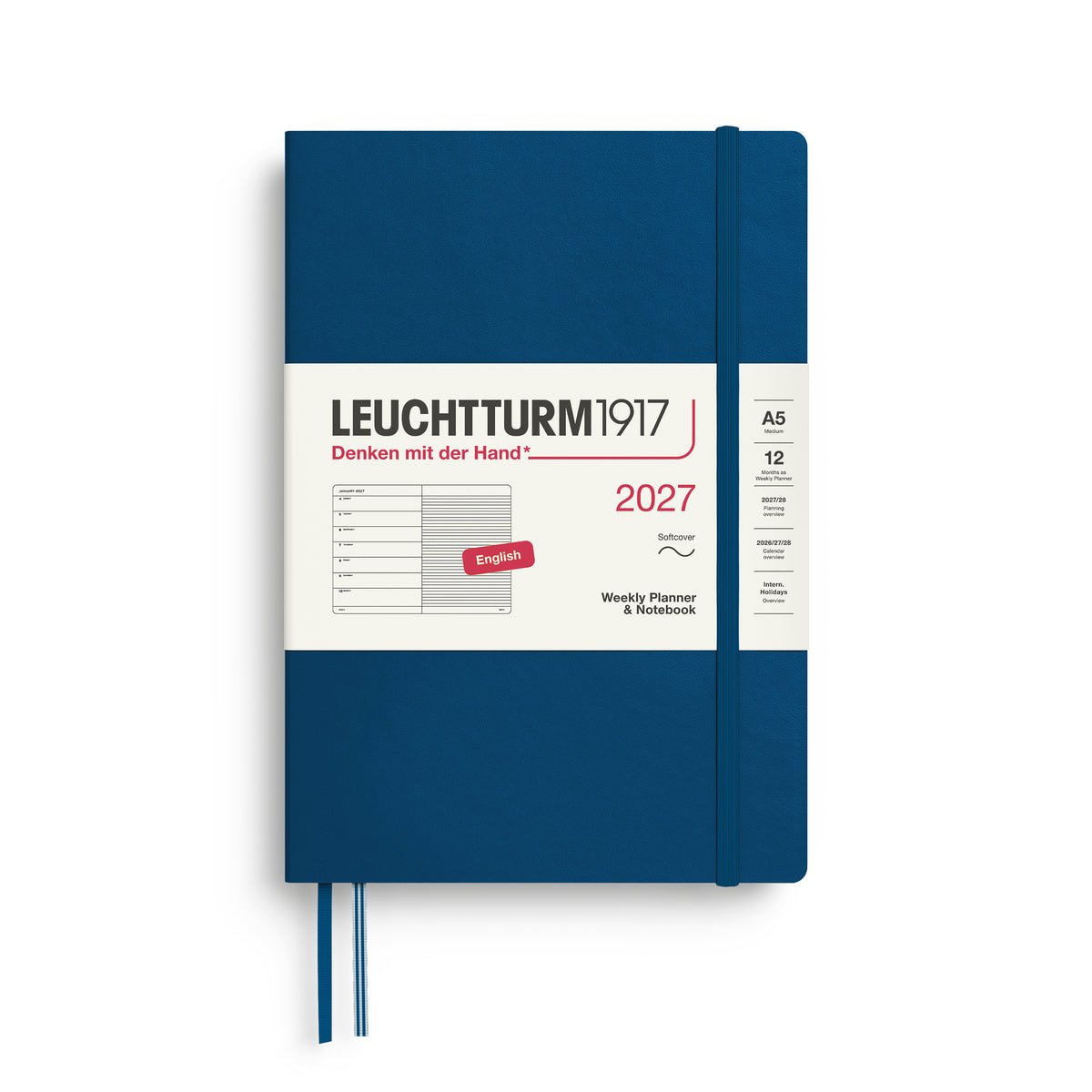 LEUCHTTURM1917 2027 Weekly Planner & Notebook - A5 Soft Cover - ruled in indigo at penny black