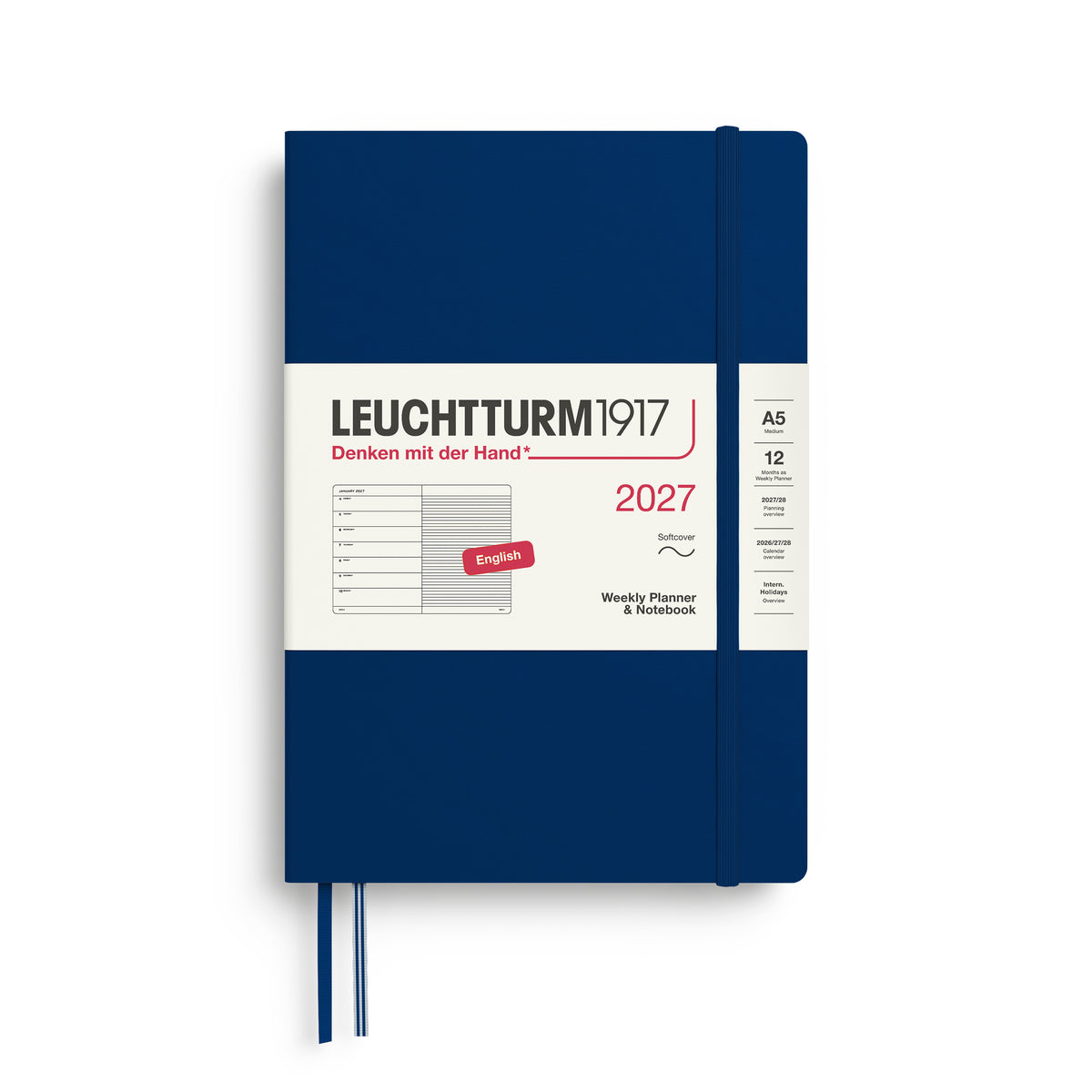 LEUCHTTURM1917 2027 Weekly Planner & Notebook - A5 Soft Cover - ruled in navy at penny black
