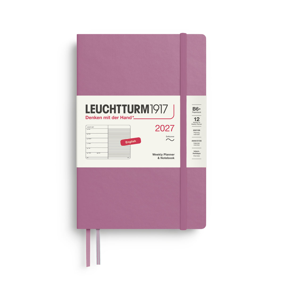 LEUCHTTURM1917 2027 Weekly Planner & Notebook - B6+ Soft Cover - ruled in dusty rose at penny black