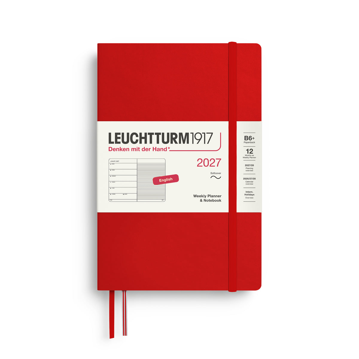 LEUCHTTURM1917 2027 Weekly Planner & Notebook - B6+ Soft Cover - ruled in cherry at penny black
