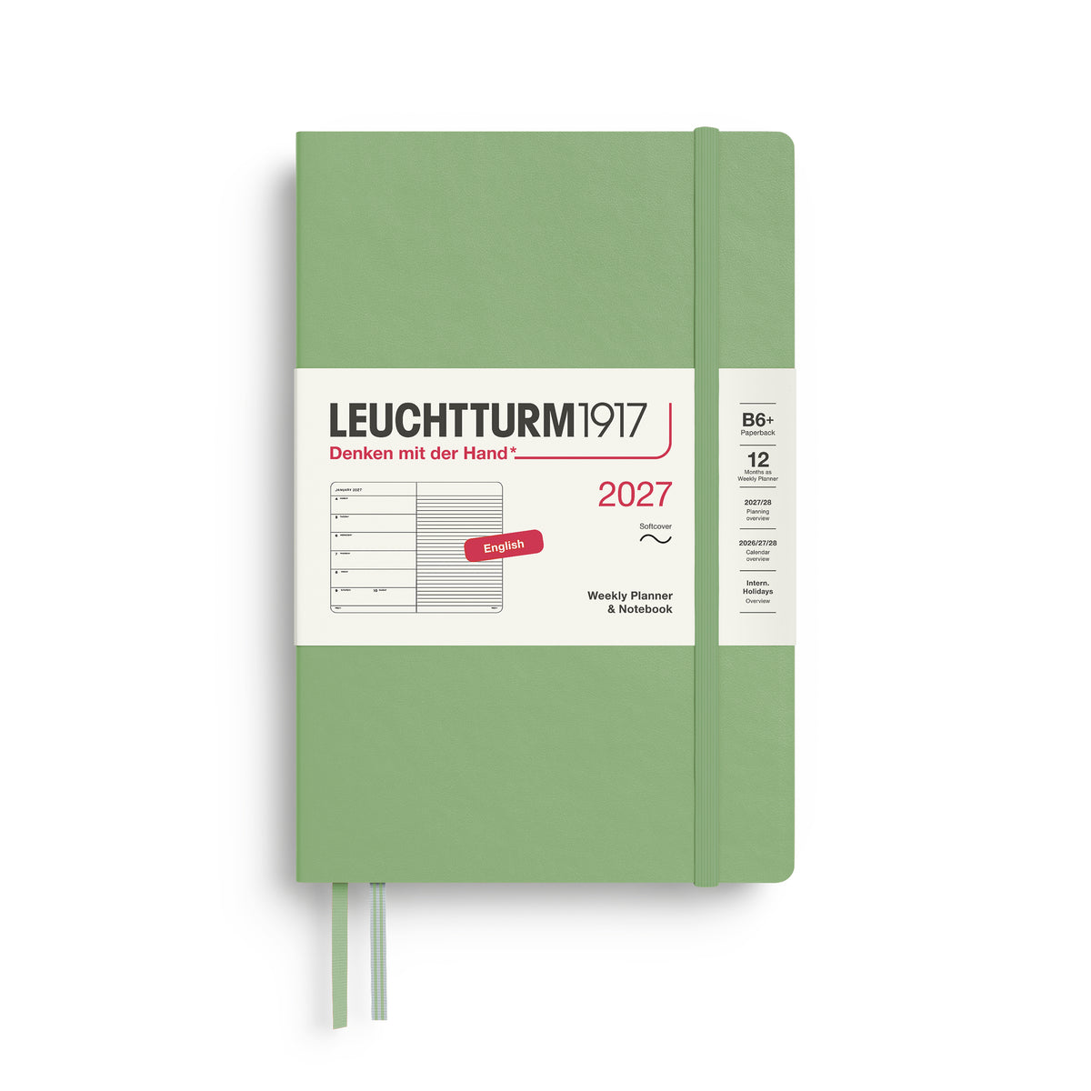 LEUCHTTURM1917 2027 Weekly Planner & Notebook - B6+ Soft Cover - ruled in sage at penny black