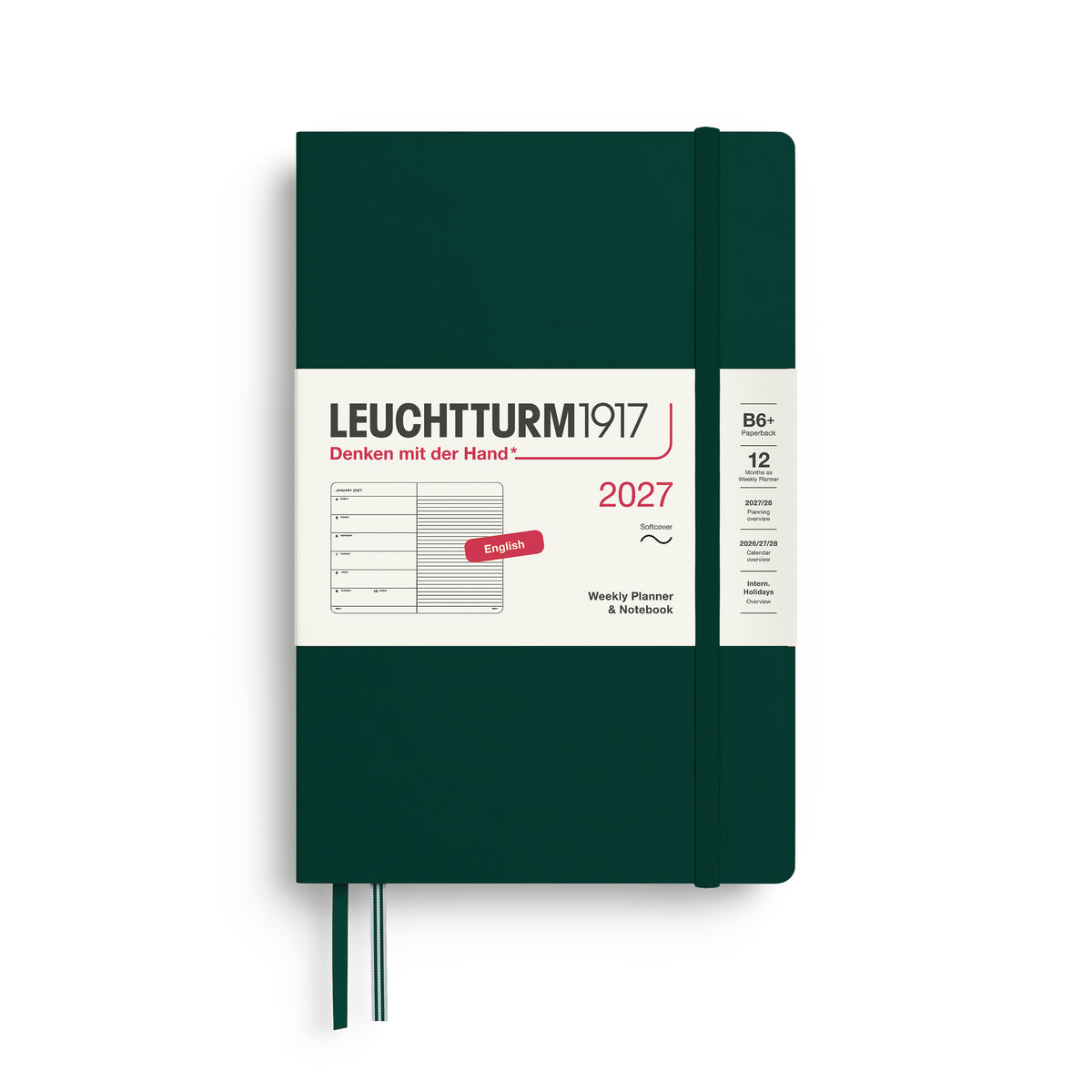 LEUCHTTURM1917 2027 Weekly Planner & Notebook - B6+ Soft Cover - ruled in forest green at penny black