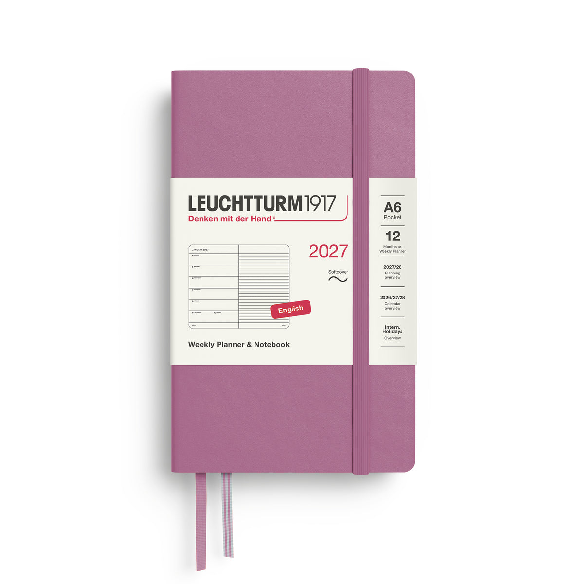 LEUCHTTURM1917 2027 Weekly Planner & Notebook - A6 Soft Cover - ruled in dusty rose at penny black
