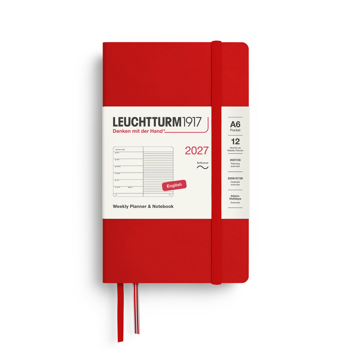 LEUCHTTURM1917 2027 Weekly Planner & Notebook - A6 Soft Cover - ruled in cherry at penny black