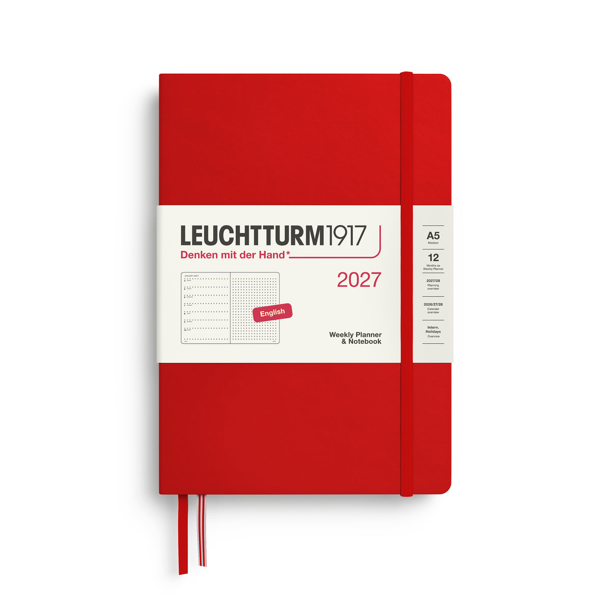 LEUCHTTURM1917 2027 Weekly Planner & Notebook - A5 Hard Cover dotted ruling in cherry by penny black