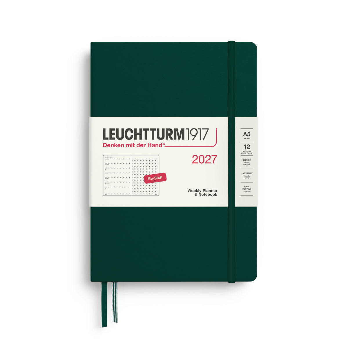 LEUCHTTURM1917 2027 Weekly Planner & Notebook - A5 Hard Cover dotted ruling in forest green by penny black