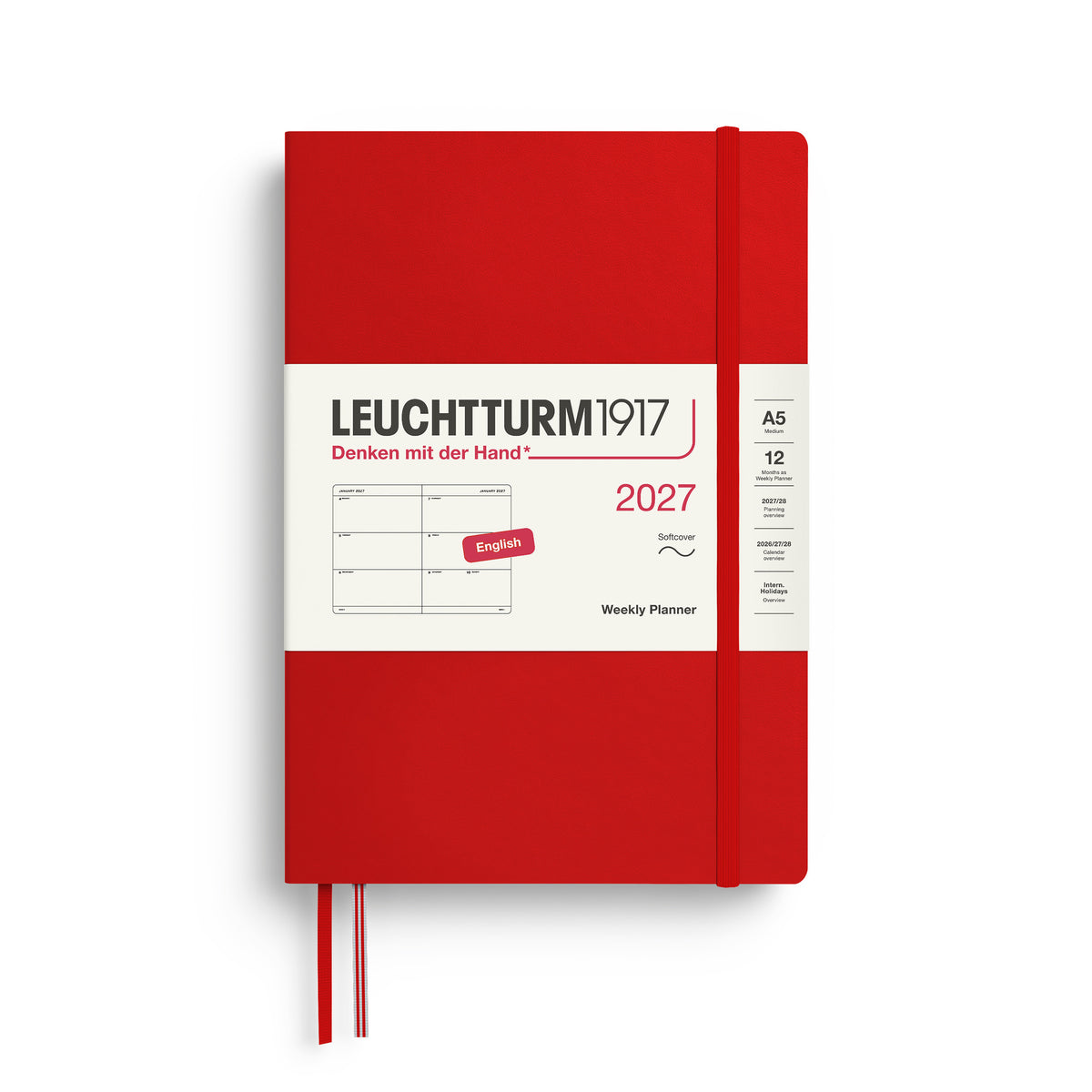 LEUCHTTURM1917 2027 Weekly Planner in A5 size soft cover and cherry colour at penny black