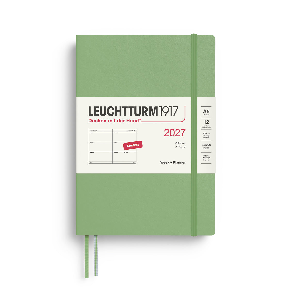 LEUCHTTURM1917 2027 Weekly Planner in A5 size soft cover and sage colour at penny black