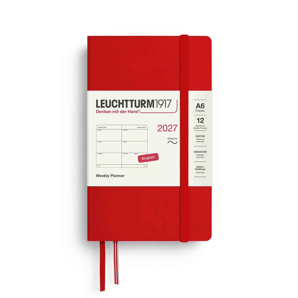 LEUCHTTURM1917 2027 Weekly Planner in A6 size soft cover and cherry colour at penny black