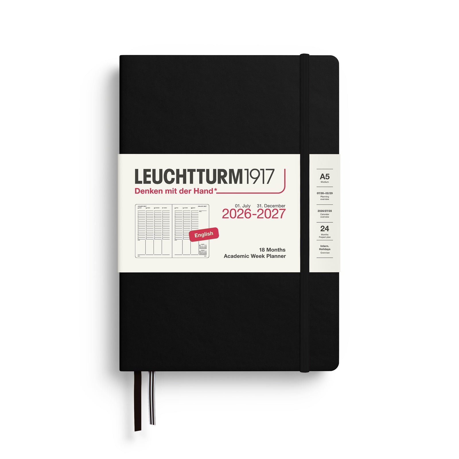 LEUCHTTURM1917 Academic Week Planner 18 Months 2026/7 shown in black by penny black