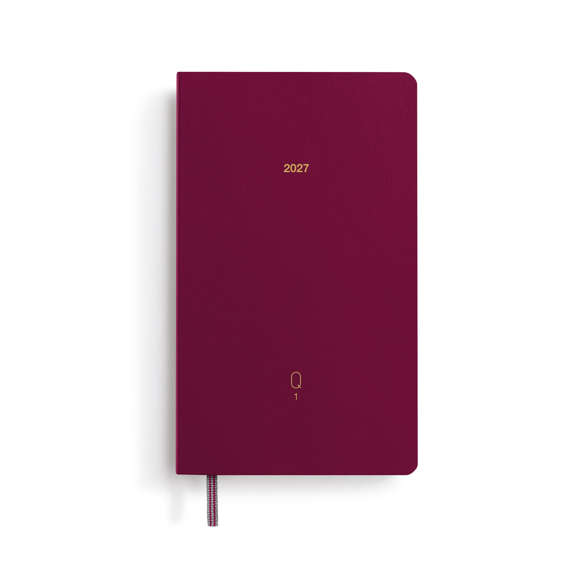 Maroon notebook with '2027' printed on it against a white background