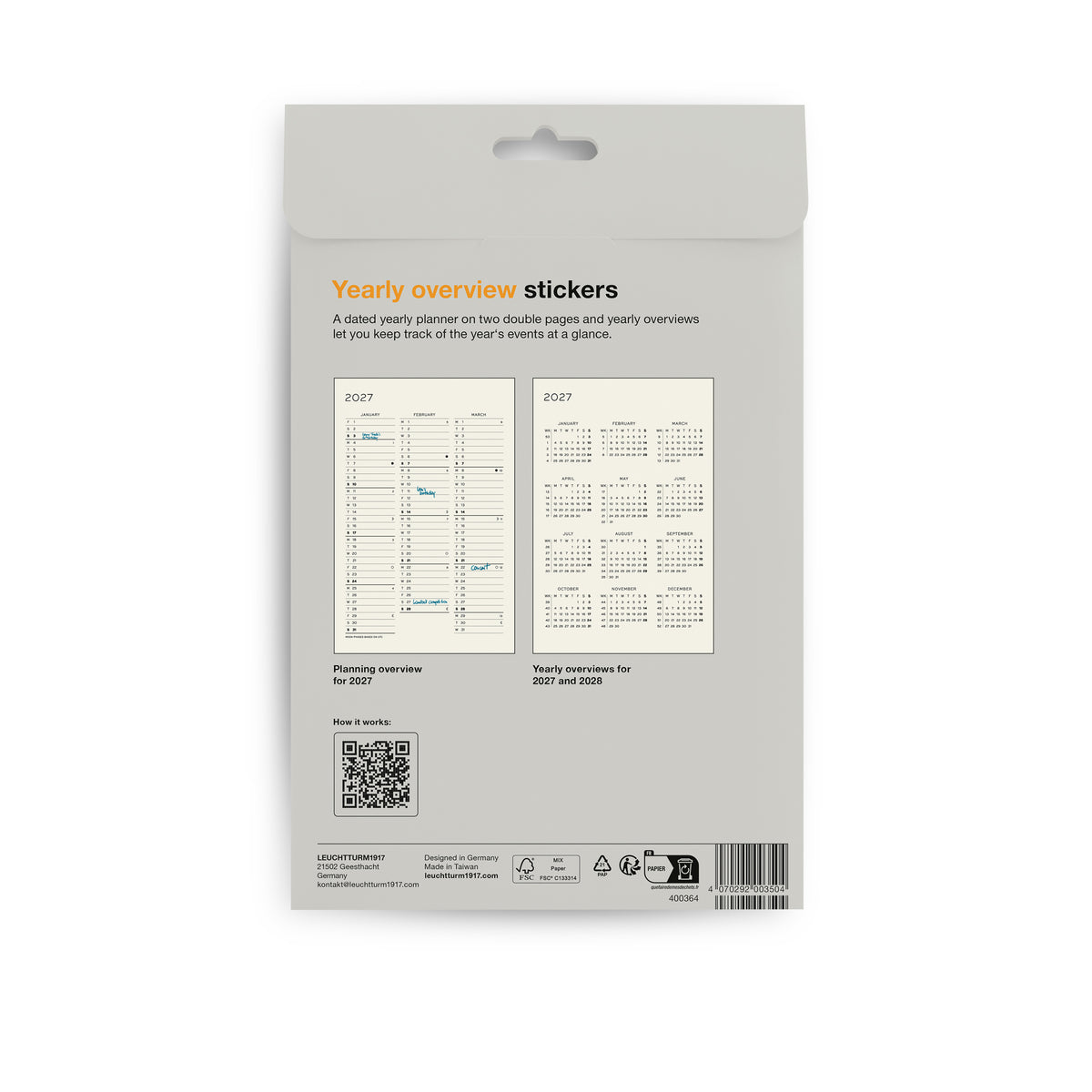 Leuchtturm1917 yearly overview planner stickers showing the back of packaging for 2027 on a white background