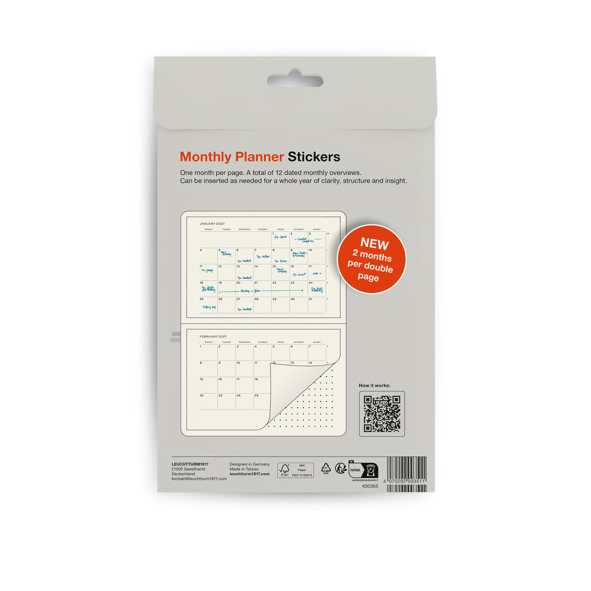 Leuchtturm1917 monthly planner stickers showing back of packaging for 2027 on a white background
