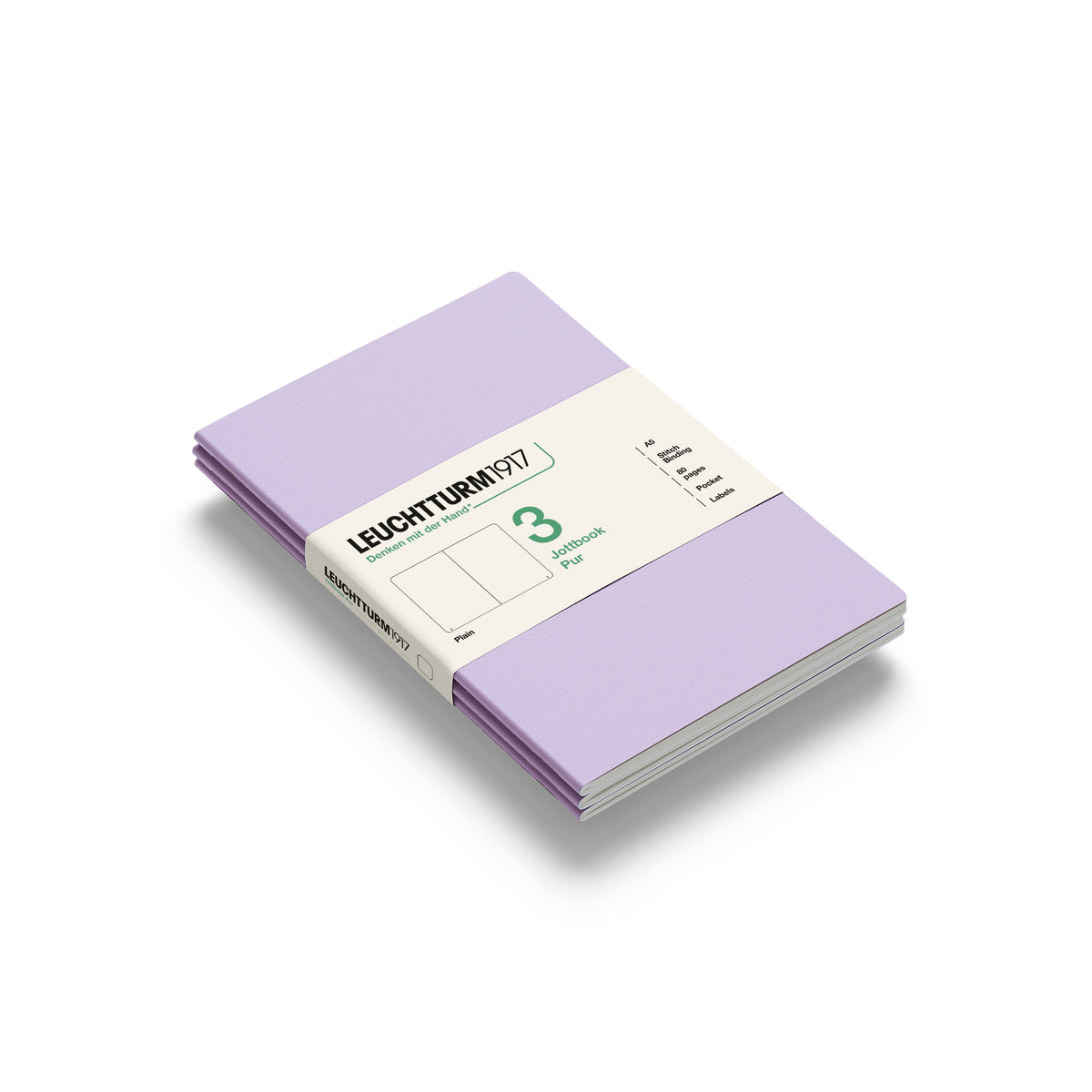 A Leuchtturm1917 3 pack of A5 notebooks in lilac cover, shown with a bellyband with product details on it's side. on a clean white background.