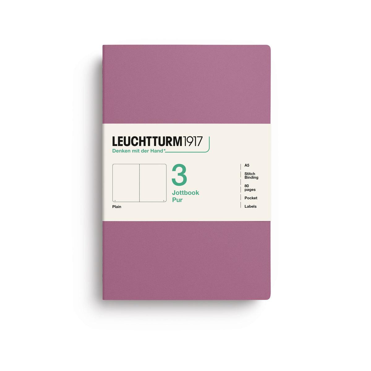 A Leuchtturm1917 3 pack of A5 notebooks with dusty rose cover and plain pages, shown with a bellyband with product details, on a clean white background.