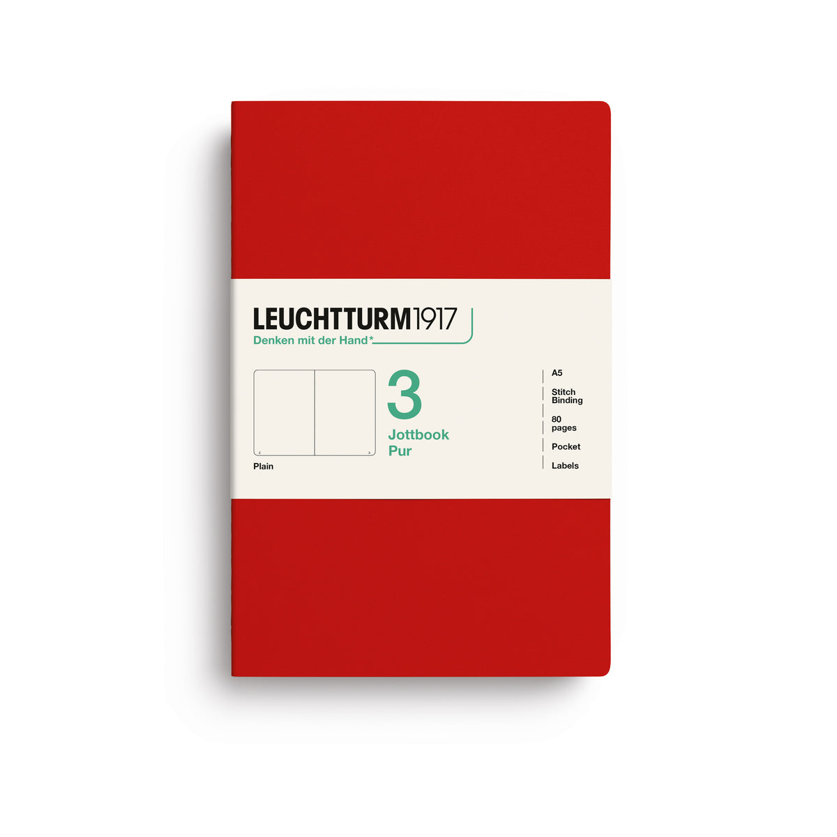 A Leuchtturm1917 3 pack of A5 notebooks with cherry cover and plain pages, shown with a bellyband with product details, on a clean white background.